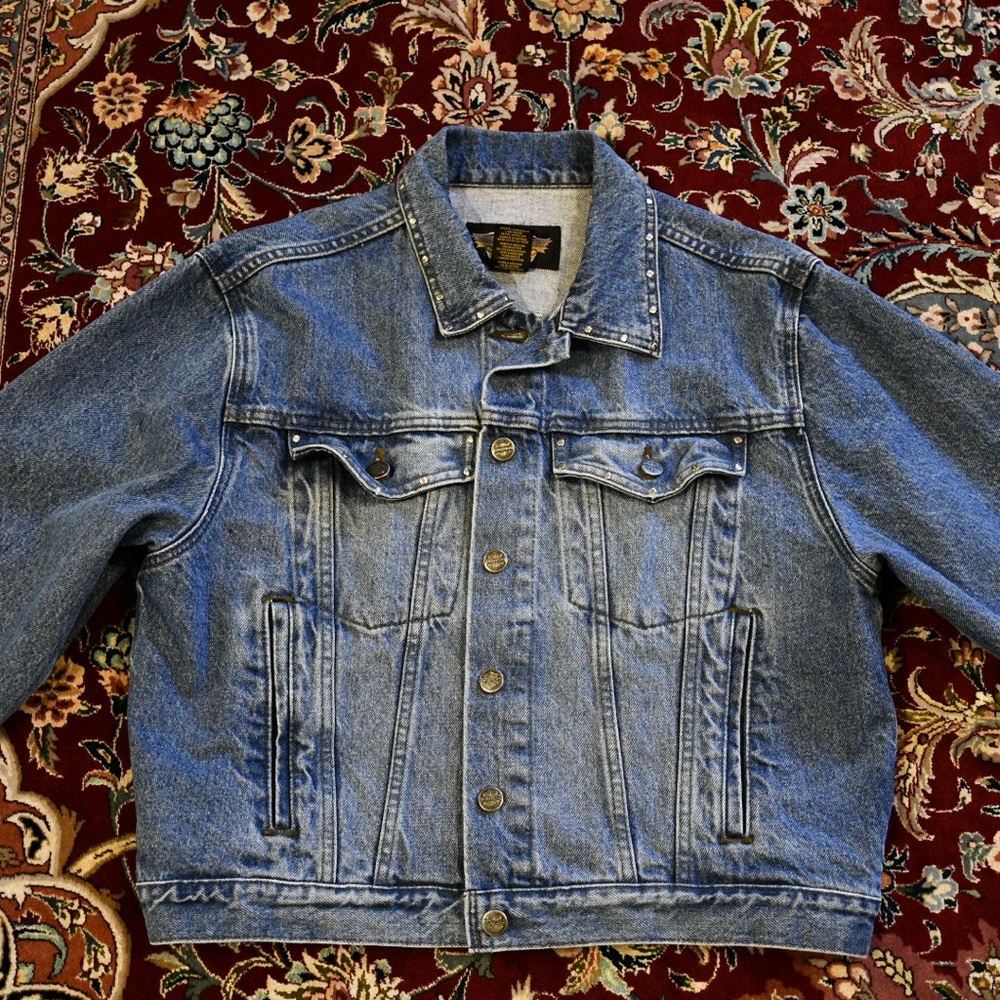 Women’s Vintage Harley Davidson Biker Denim Jean Jacket Trucker Flag Logo Medium